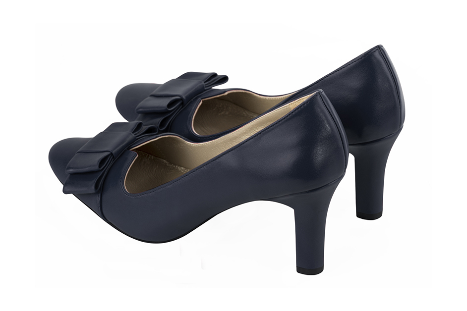 Women's navy blue elegant pumps with a bow on the front. Round toe. High kitten heels - Rear view
